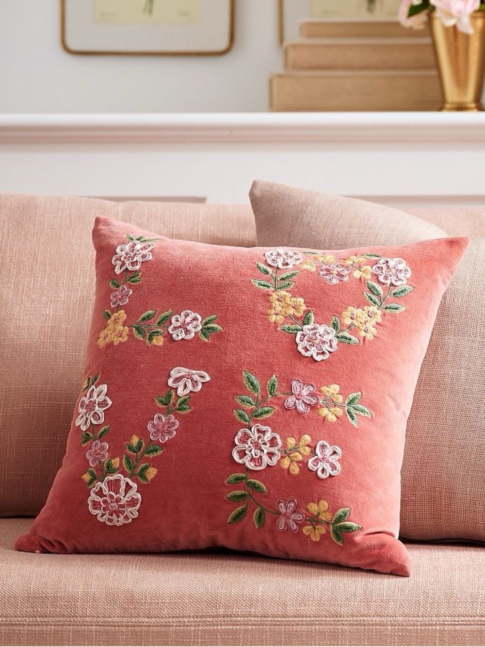 Pottery Barn Rose Pink Embroidered Floral Velvet Pillow Set of 2 (20x20)